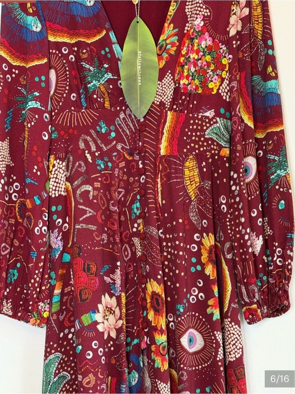 NWT FARM Rio Burgundy Borogodo Long Balloon Sleeve Maxi Dress Women’s Size Small - Picture 6 of 14